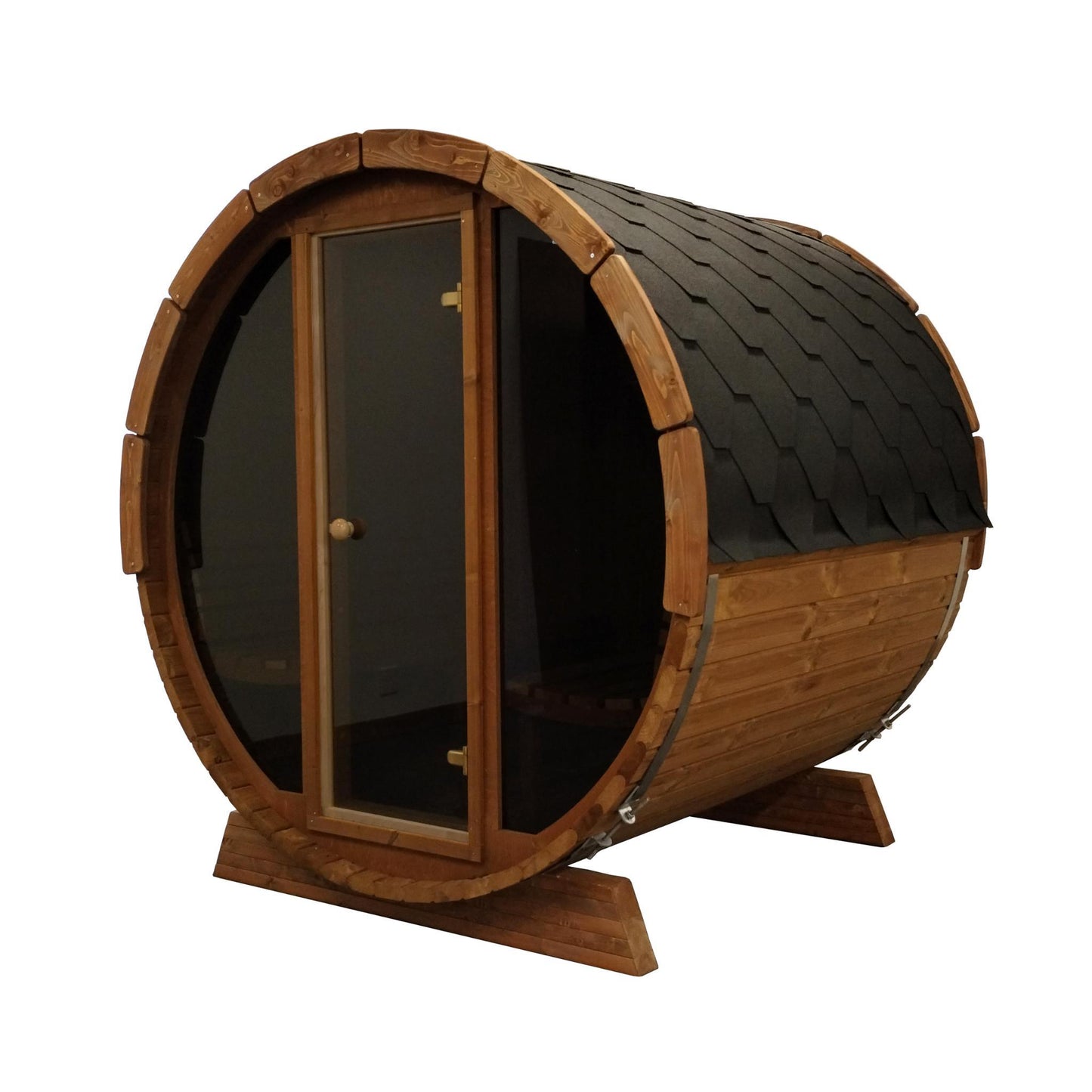 SaunaLife Model E7W Outdoor Barrel Sauna with Rear Window with Floor Kit – ERGO Series, 4-Person Thermo-Spruce, Wi-Fi LED Lighting