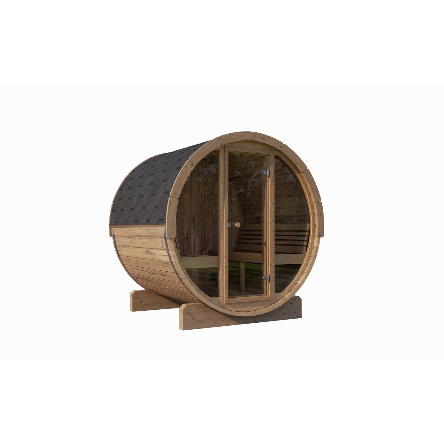 SaunaLife Model E8G ERGO-Series Outdoor Sauna Barrel with Floor Kit– 6-Person Thermo-Spruce Barrel Sauna with Full Glass Front & LED Lighting
