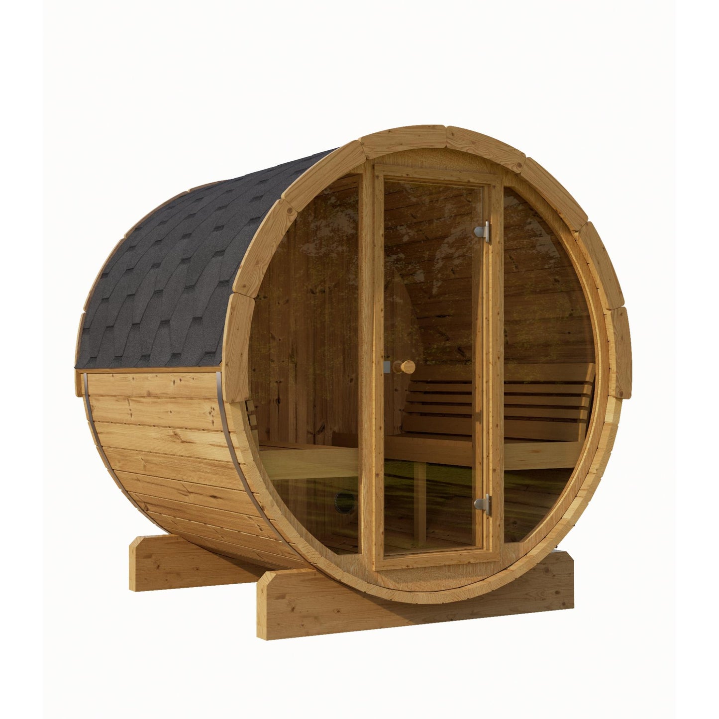 SaunaLife Model E8G ERGO-Series Outdoor Sauna Barrel with Floor Kit– 6-Person Thermo-Spruce Barrel Sauna with Full Glass Front & LED Lighting