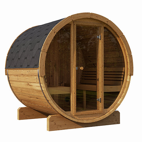 SaunaLife Model E7G Outdoor Barrel Sauna – ERGO Series, 4-Person, Full Glass Front, Thermo-Spruce, Wi-Fi LED Lighting