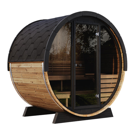 SaunaLife Model EE6G Outdoor Barrel Sauna – ERGO Elegance Series 4-Person Thermo-Spruce Sauna with Full Glass Front, LED Lighting & Floor Kit