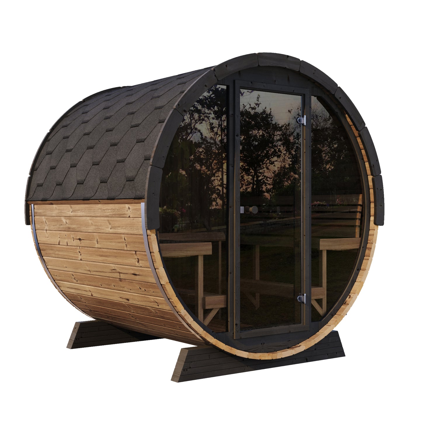 SaunaLife Model EE8G Outdoor Barrel Sauna – ERGO Elegance Series 6-Person Thermo-Spruce Sauna with Full Glass Front, LED Lighting & Premium Comfort
