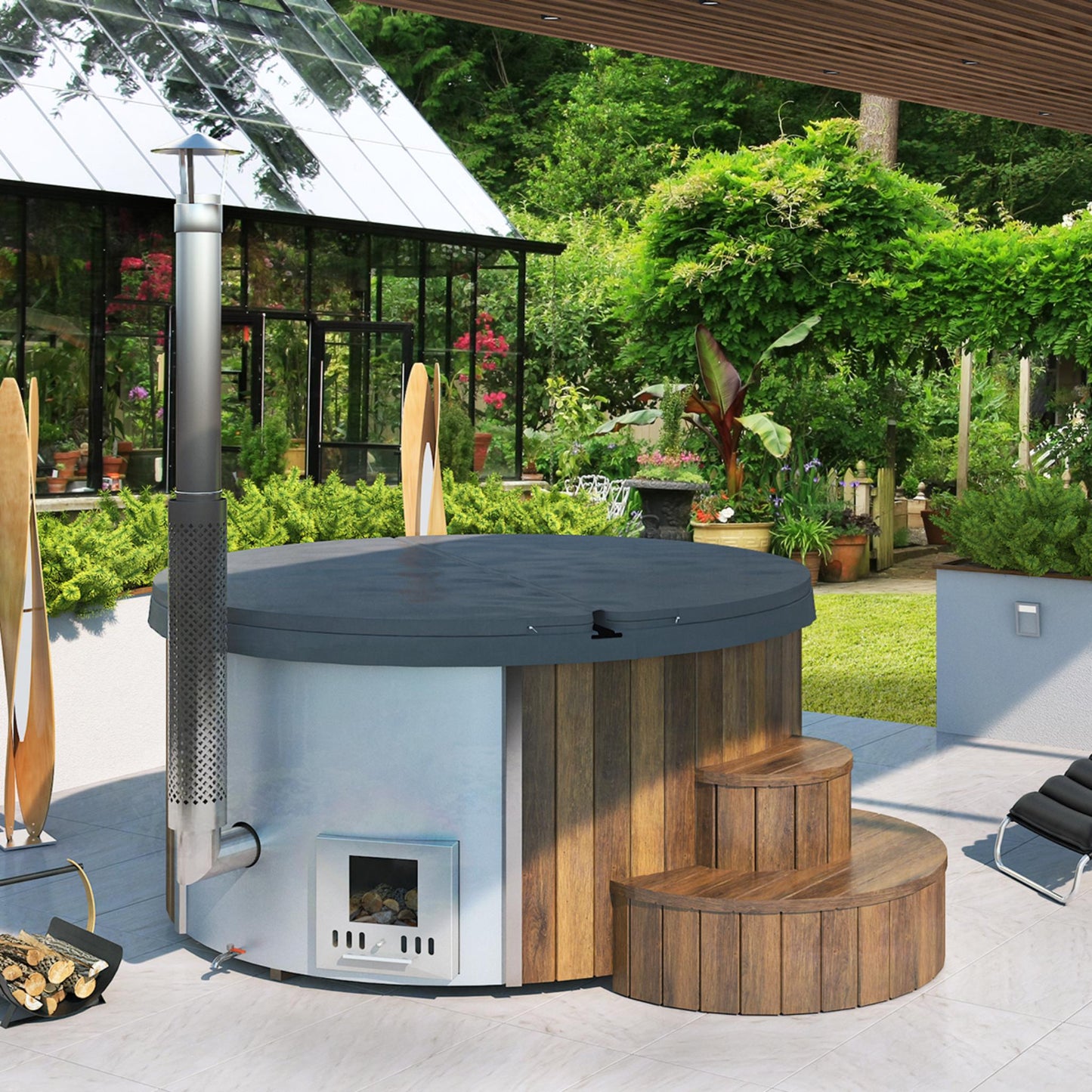Wood-Burning Hot Tub – Up To 6 Person – Natural Finish – Outdoor Soaking Tub – SaunaLife S4N