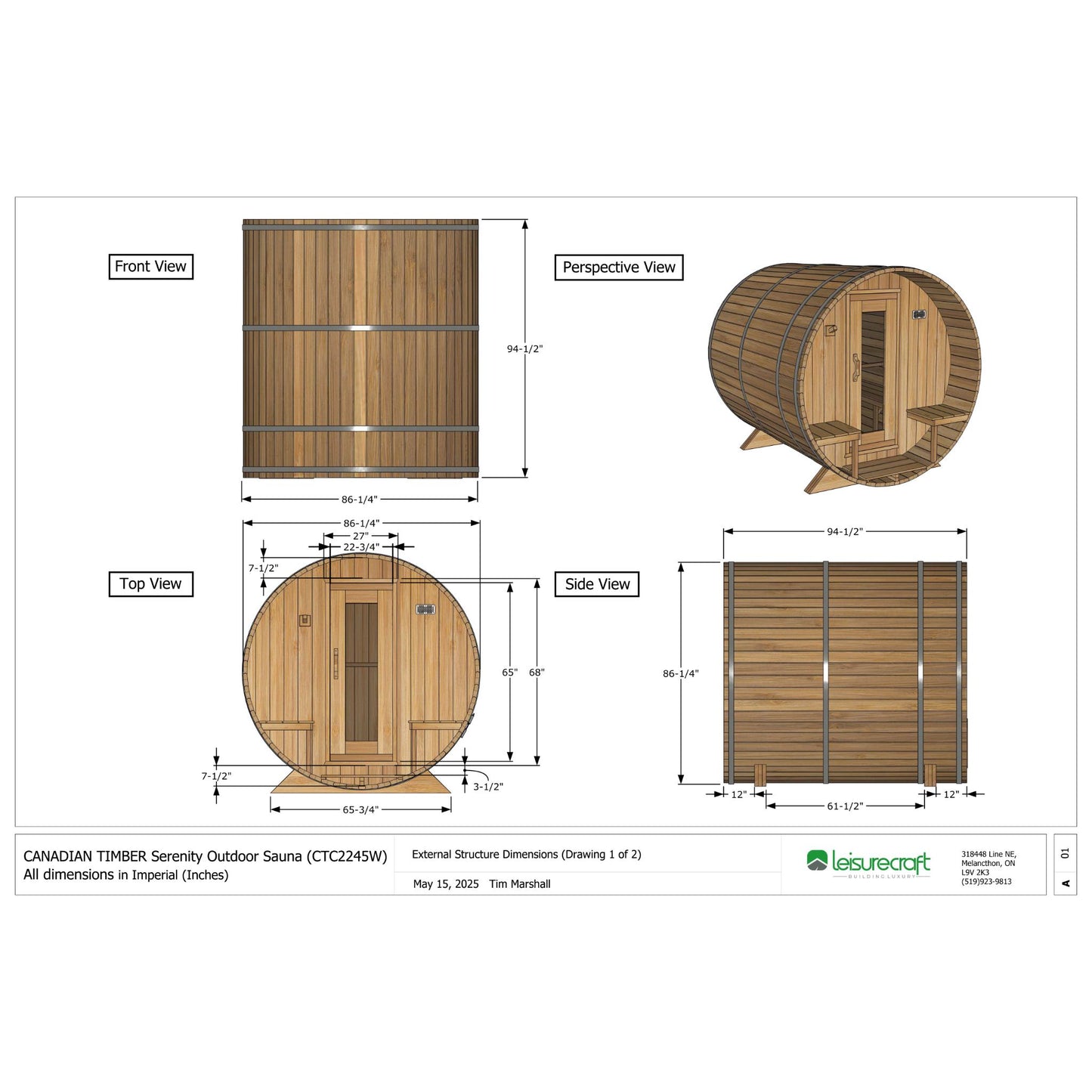 Canadian Timber Serenity Barrel Sauna – 2-6 Person Outdoor Wood Burning Sauna