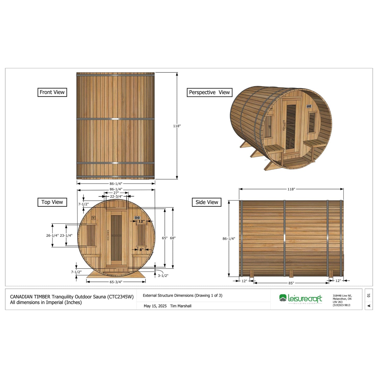 Canadian Timber Tranquility Barrel Sauna – 2-6 Person Outdoor Wood Burning Sauna by LeisureCraft