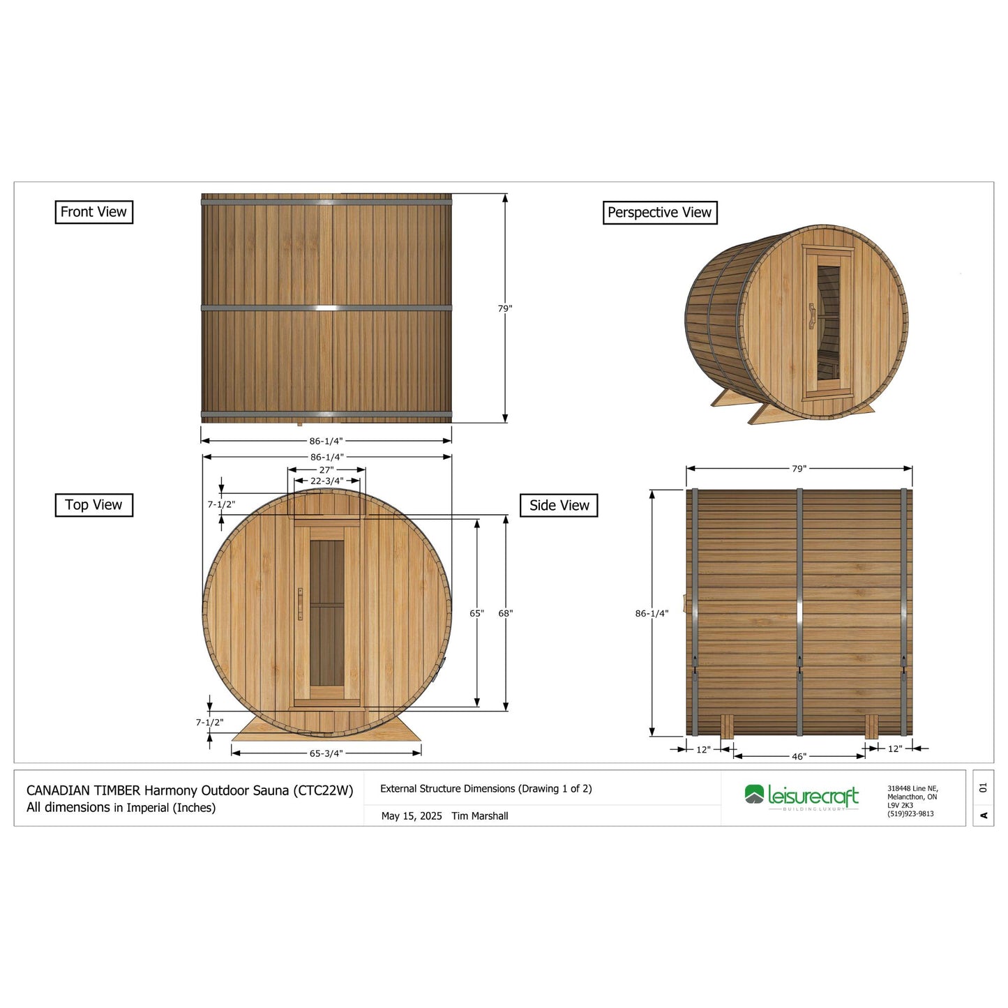 Canadian Timber Harmony Barrel Sauna – 2-4 Person Eastern White Cedar Outdoor Wood Burning Sauna